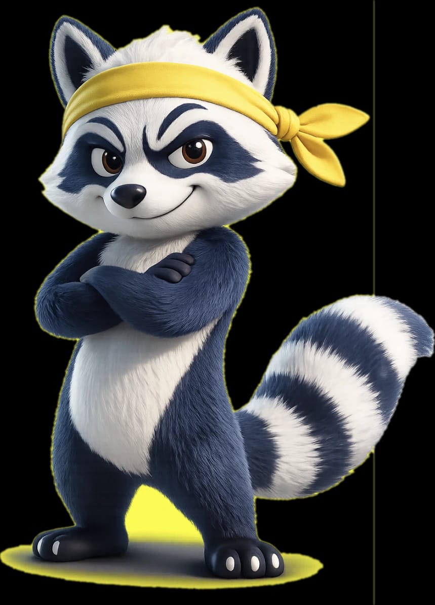Maskot Planet Heroes se žlutou čelenkou a založenýma rukama