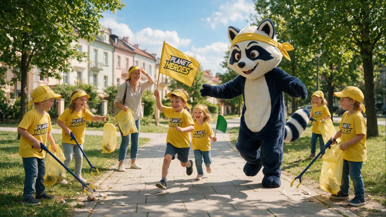 Maskot Planet Heroes běží parkem s dětmi, které sbírají odpadky