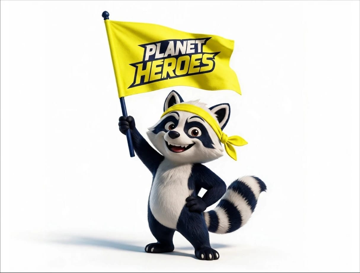 Maskot Planet Heroes s vlajkou